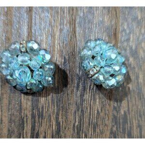 Vintage Blue‎ Beaded  crystal Clip-On Earrings Estate statement